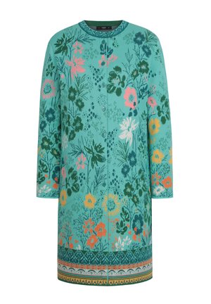 Turquoise bloemen cardigan met een ronde halslijn, driekwartmouwen, knoopsluitingen en een geborduurde zoom met levendige bloemdetails.