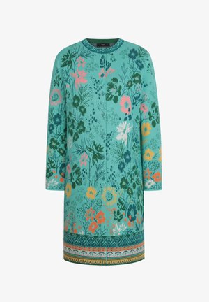 Tirkizni cvjetni kardigan s okruglim izrezom, rukavima do tri četvrtine, zatvaranjem na dugmad i uzorkom na rubu sa vibrantnim cvjetnim detaljima.