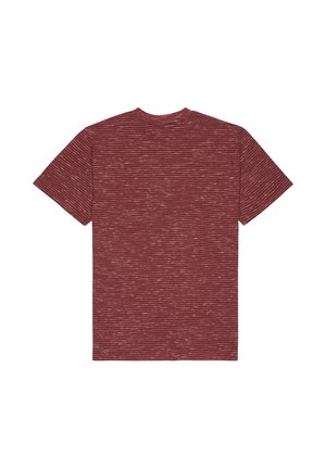 Rotes meliertes T-Shirt mit kurzen Ärmeln und Rundhalsausschnitt. Mit dezenten horizontalen Streifen. Weiche Textur, legere Passform, keine Aufdrucke.