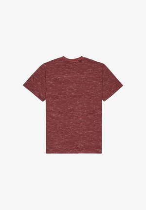 Rotes meliertes T-Shirt mit kurzen Ärmeln und Rundhalsausschnitt. Mit dezenten horizontalen Streifen. Weiche Textur, legere Passform, keine Aufdrucke.