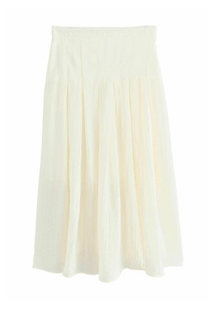 Jupe midi écrue à taille haute avec des plis doux, confectionnée dans un tissu fluide et léger.