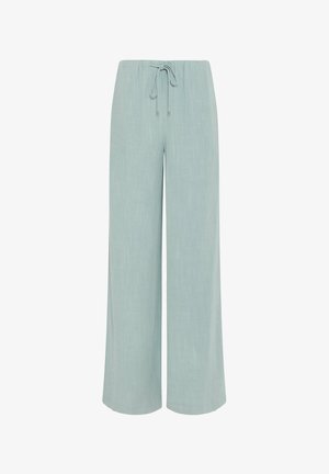 Lichtblauwe wijde broek met elastische tailleband en voorste strikkoord, gemaakt van zachte, luchtige stof.