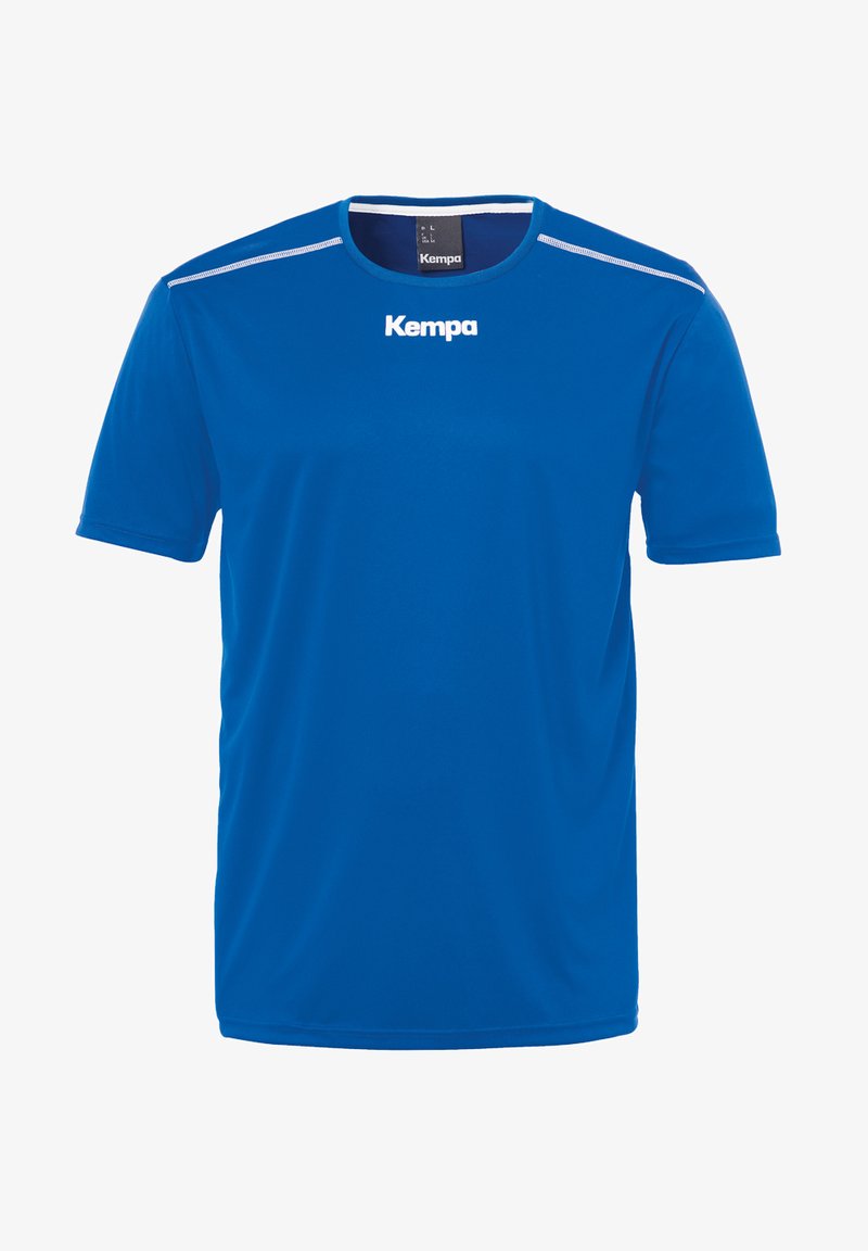 Blauwe sportshirt met korte mouwen, gemaakt van vochtafvoerende stof. Heeft witte stiksels en een halslijn met een subtiele contrastafwerking.
