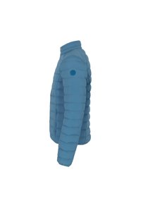 Doudoune bleu clair avec un col haut, design matelassé et un patch logo sur la manche. Elle présente une coupe décontractée avec des manches longues.