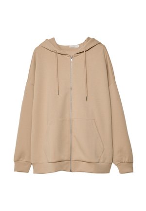 Krémová mikina na zip s kapucí, velkými předními kapsami a vroubkovanými manžetami. Vyrobena z měkké tkaniny, má volný střih a minimalistický design.