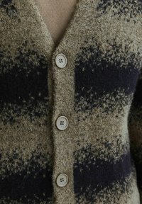 Pleteni cardigan v bež in temno modrih vzorcih, z V-izrezom, tremi sprednjimi gumbi in teksturirano mešanico volne.