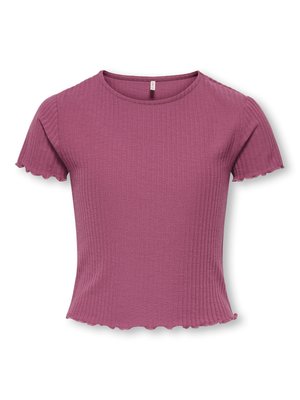 Fioletowy crop top z krótkim rękawem, dzianiny prążkowanej, z okrągłym dekoltem i falistymi krawędziami na rękawach i dole.
