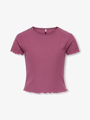 Fioletowy crop top z krótkim rękawem, dzianiny prążkowanej, z okrągłym dekoltem i falistymi krawędziami na rękawach i dole.