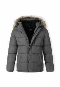 Chaqueta acolchada gris con capucha forrada de piel, cierre de cremallera y presión, textura acolchada y dos bolsillos frontales. El interior presenta un forro negro.