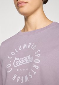 Lichtpaarse sweatshirt met een ronde witte grafische logo met de tekst "Columbia Sportswear" en "Est. 1938". Zachte textuur met een standaard halslijn.