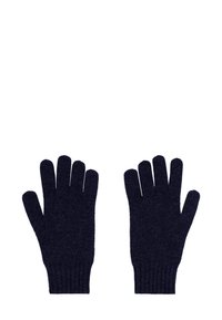 Guantes de lana azul marino con puños acanalados, que cuentan con cinco dedos separados y un acabado suave y texturizado. Adecuados para uso en clima frío.