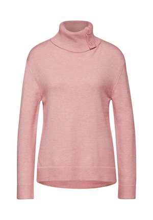 Pull à col roulé rose clair en tissu tricoté doux, avec un col roulé et deux accents de boutons au niveau du cou.
