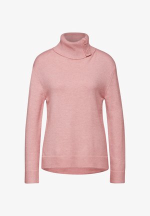 Błękitny golf wykonany z miękkiej dzianiny, z wysokim kołnierzem i dwoma guzikami na szyi.