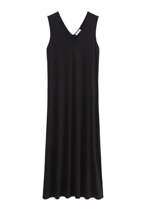 Robe maxi noire sans manches avec encolure en V et coupe décontractée, fabriquée en tissu lisse et léger.