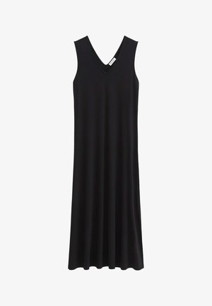Robe maxi noire sans manches avec encolure en V et coupe décontractée, fabriquée en tissu lisse et léger.