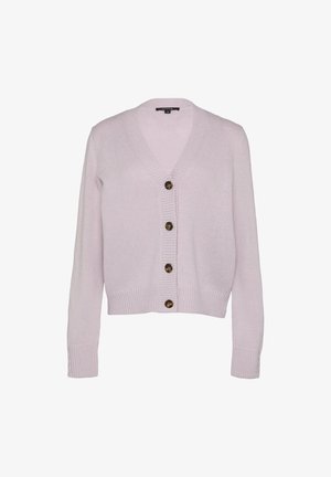 Cardigan rosa chiaro con scollo a V, maniche lunghe e cinque bottoni marroni sul davanti. Le fasce a costine sui polsini e sull'orlo aggiungono texture.
