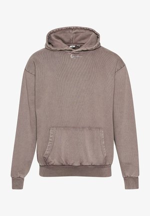 Brown hooded sweatshirt made of textured fabric. Features a kangaroo pocket, ribbed cuffs, and a small embroidered logo on the chest.