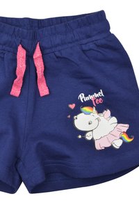 Pantaloni corti in cotone blu navy con coulisse in glitter rosa. Presentano una grafica di un unicorno con una gonna rosa, decorata con dettagli arcobaleno e cuori.