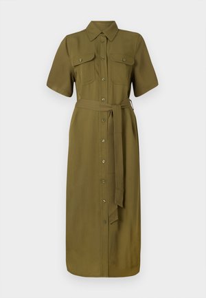 Khaki shirt dress, short sleeves, button front, two chest pockets, belted waist, mid-length, smooth fabric texture.