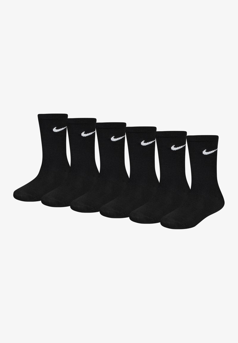Meias de crew em algodão preto, em pacote de seis, apresentando o logo branco da Nike na lateral e um design de punho canelado.