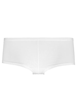 Weiße Baumwoll-Hipster-Briefs mit glatter Textur und breitem Bund. Verfügt über ein einfaches, nahtloses Design ohne Verzierung.