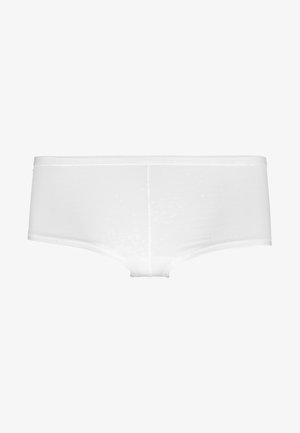 White cotton hipster briefs with a smooth texture and wide waistband. Features a simple, seamless design without embellishments.