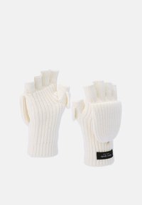 Fingerless handsker i off-white strik med ribbet tekstur, design med manchet og en tilknyttet klapovertræk til fingerspidserne. Detalje i messinghardware.