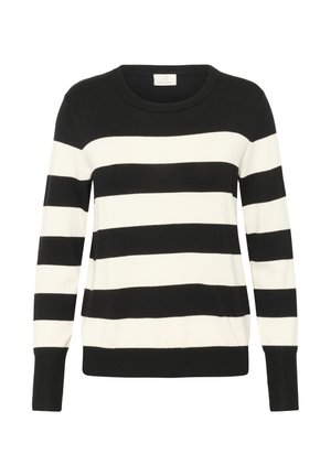 Pull à rayures noir et blanc avec un col rond, des manches longues et une texture tricotée douce ; présente de larges rayures horizontales contrastantes.