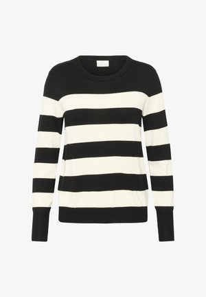 Fekete-fehér csíkos pulóver kerek nyakkivágással, hosszú ujjal és puha kötött textúrával; széles, kontrasztos vízszintes csíkokkal rendelkezik.