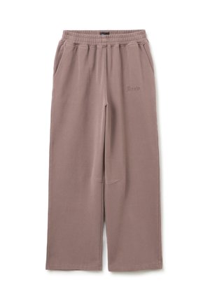 Lichtbruine wide-leg sweatpants met een elastische tailleband, zijzakken en subtiele geborduurde tekst op de bovenste linker dij.