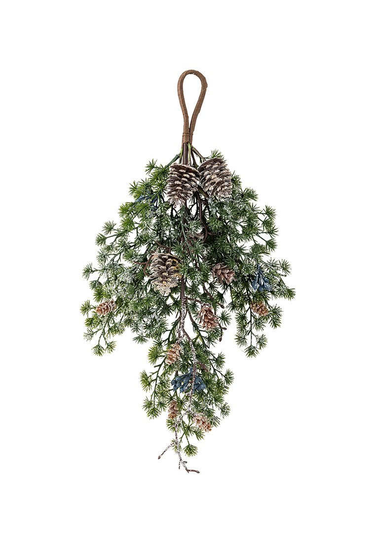Verdure artificielle comprenant des pommes de pin, un feuillage vert foncé et des accents marron clair, le tout agrémenté d'une boucle de suspension beige.
