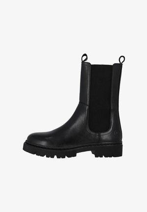 Czarny skórzany kozaki do połowy łydki z masywną podeszwą, elastycznymi panelami po bokach oraz pętlami z przodu i z tyłu dla łatwego zakładania.