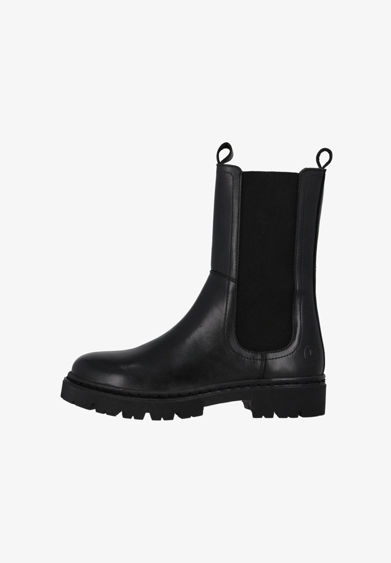 Botte mi-mollet en cuir noir avec semelle épaisse, panneaux élastiques sur les côtés et languettes à l'avant et à l'arrière pour faciliter l'enfilage.