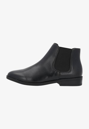 Bottines en cuir noir avec des panneaux élastiques sur les côtés, un bout rond, un petit talon bloc et une texture lisse avec des détails de design minimes.