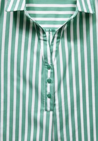 Camicia a righe verde e bianca con colletto e chiusura con bottoni; tessuto liscio, righe verticali e vestibilità rilassata.