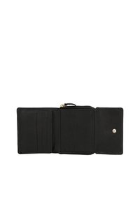 Sort trekfoldet pung med otte kortholdere og trykknaplukning i højre sektion, vist åben på hvid baggrund.