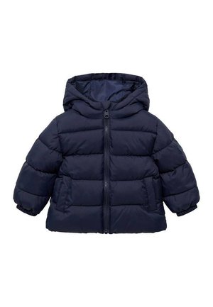 Veste matelassée pour tout-petit bleu marine avec capuche, fermeture éclair frontale, design matelassé et poignets élastiques aux manches.