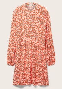 Robe à manches longues avec boutons sur le devant, poignets élastiques, taille froncée, en tissu orange orné de motifs de branches feuillues blanches.