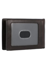 Brown leather wallet with clear ID window, rectangular shape, and neat stitching. Features a smooth texture and minimalistic design.