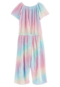 Flerfärgad plisserad jumpsuit med korta ärmar, med en pastellgradient i rosa, blått och lavendel, elastisk midja och vida ben.