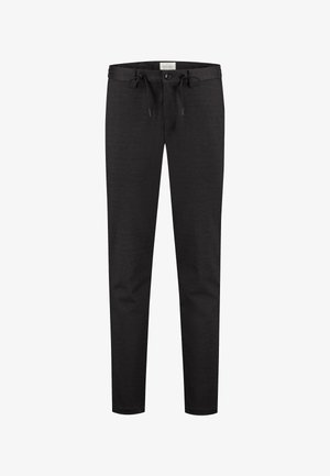 Pantaloni neri realizzati in tessuto morbido, con cintura regolabile con cordino, chiusura con bottone e design a gamba affusolata. Trama liscia senza motivi.