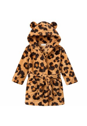 Children's plush robe with leopard print, hood featuring ears, front pockets, and a tie belt for closure.