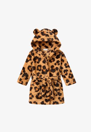 Kinderplüschbademantel mit Leopardenmuster, Kapuze mit Ohren, Vordertaschen und Bindegürtel zum Verschließen.