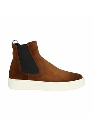 Brown suede Chelsea boot with black elastic side panel and white rubber sole, viewed from the outer side on a white background.