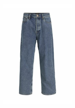 Blauwe denim wijde pijpen jeans met een hoge taille, vijf zakken, knoopsluiting en zichtbare stiksels. Glad textuur met vervaagde delen.