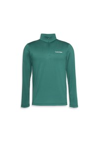 Tyrkysový pulóver s dlhým rukávom a polovičným zipsom vyrobený z ľahkého materiálu, s ozdobným golierom a embosovaným logom Calvin Klein na hrudi.