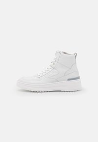 White leather high-top sneaker with a textured finish, round toe, and a thick white sole featuring a gray accent. Laces and a pull tab included.