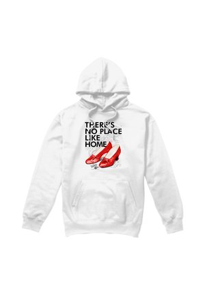 White hoodie with text "There's no place like home" and an image of sparkly red high-heeled shoes on the front.