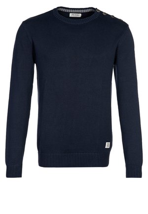 Granatowy sweter z dzianiny z długimi rękawami, prążkowanymi mankietami i dolnym brzegiem, okrągłym dekoltem i czterema guzikami na lewym ramieniu.