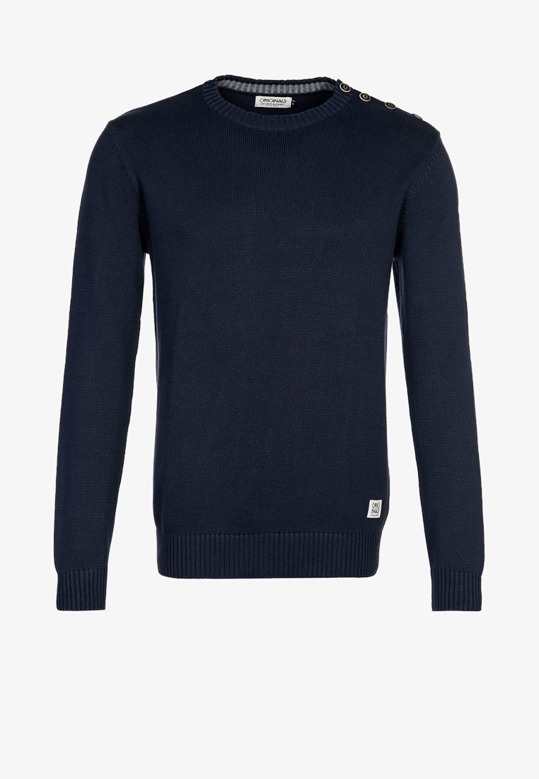 Pull en tricot bleu marine à manches longues, poignets et ourlet côtelés, col rond et quatre boutons sur l'épaule gauche.